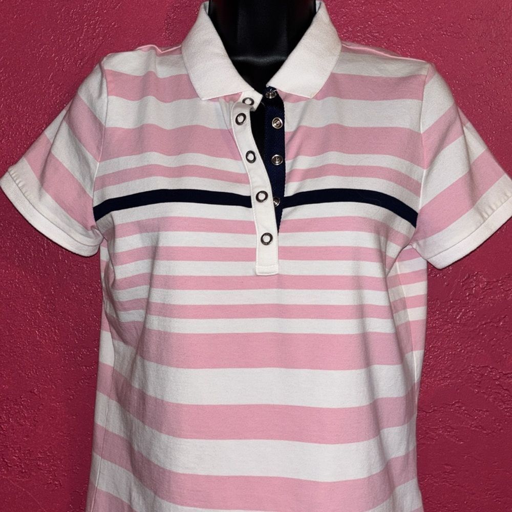 Ralph Lauren pink white and navy striped Preppy polo shirt. Size s